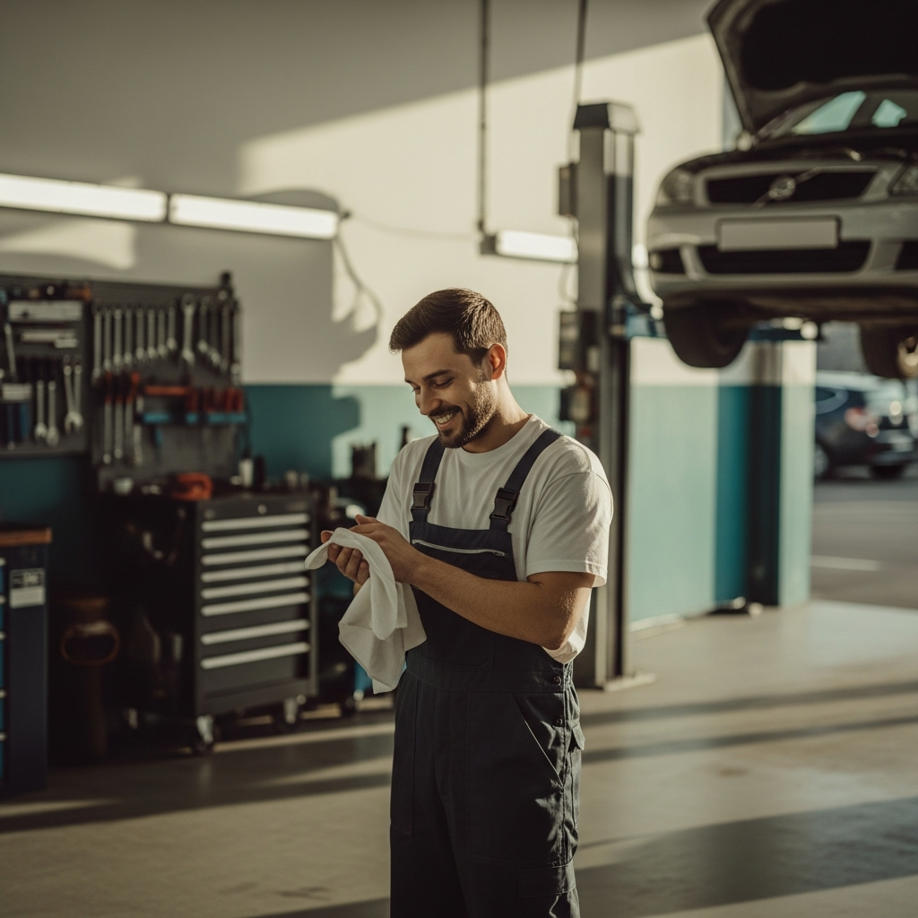 A mechanic in clean workwear in a tidy independent auto service garage.