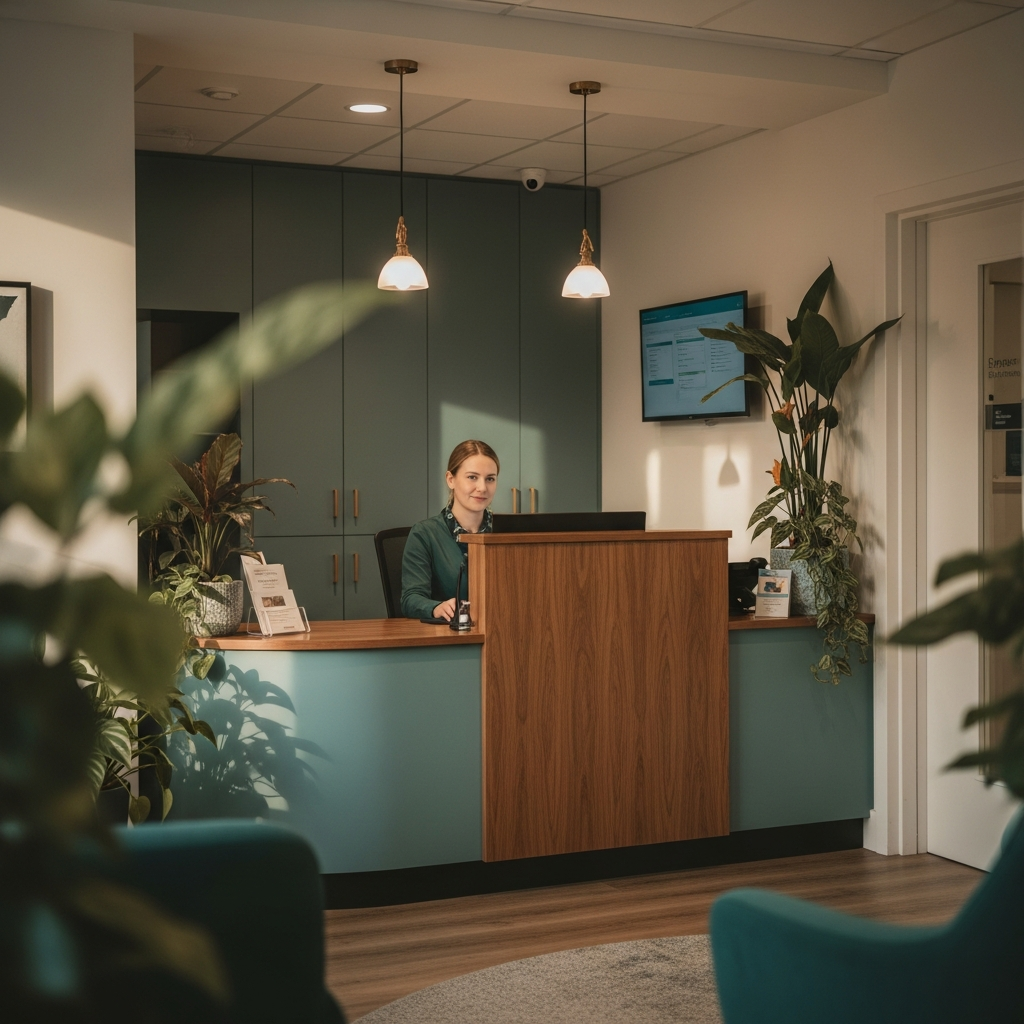 A receptionist at the wooden front desk of a calm, modern medical practice.