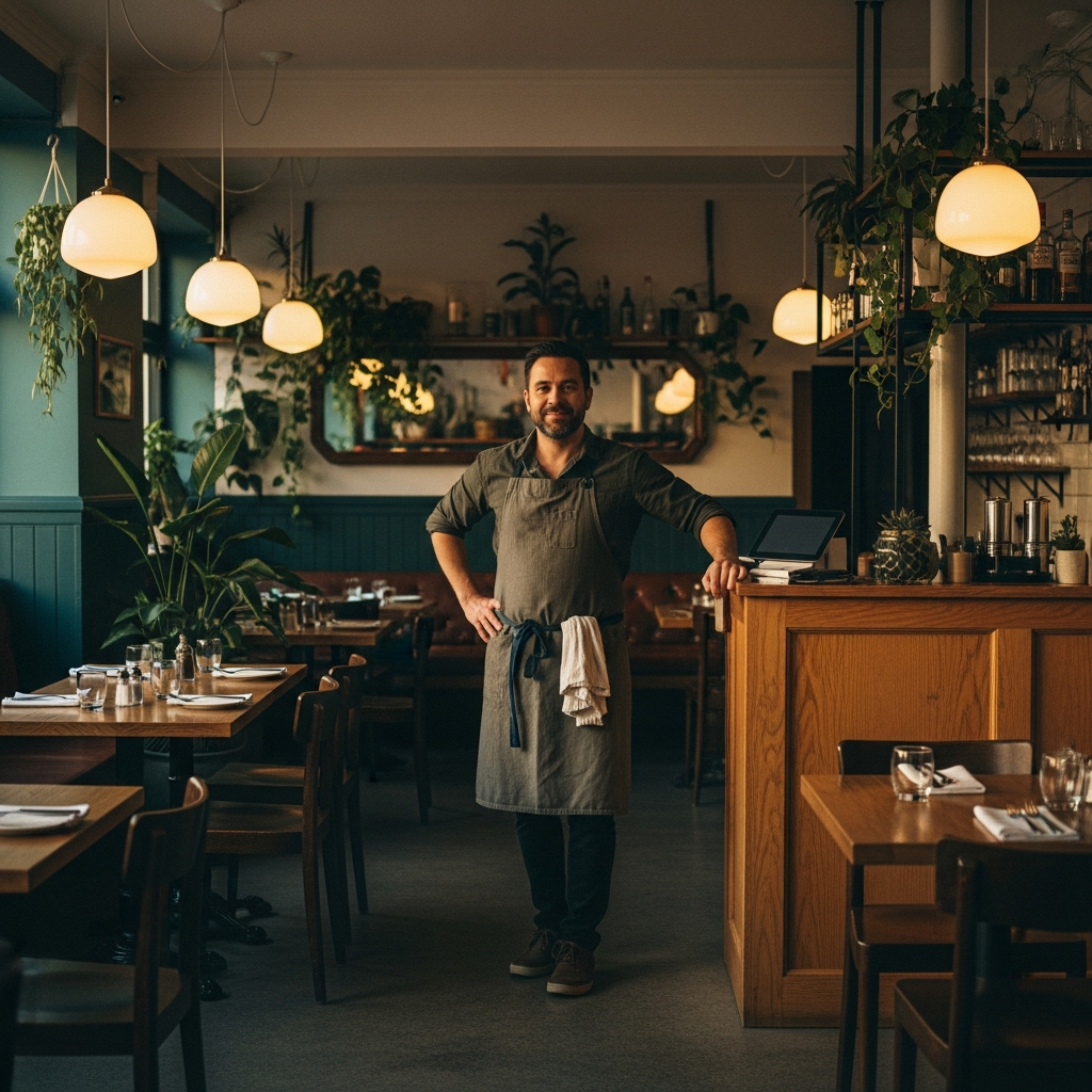 A restaurant owner standing in the dining room of their warmly lit neighborhood restaurant.