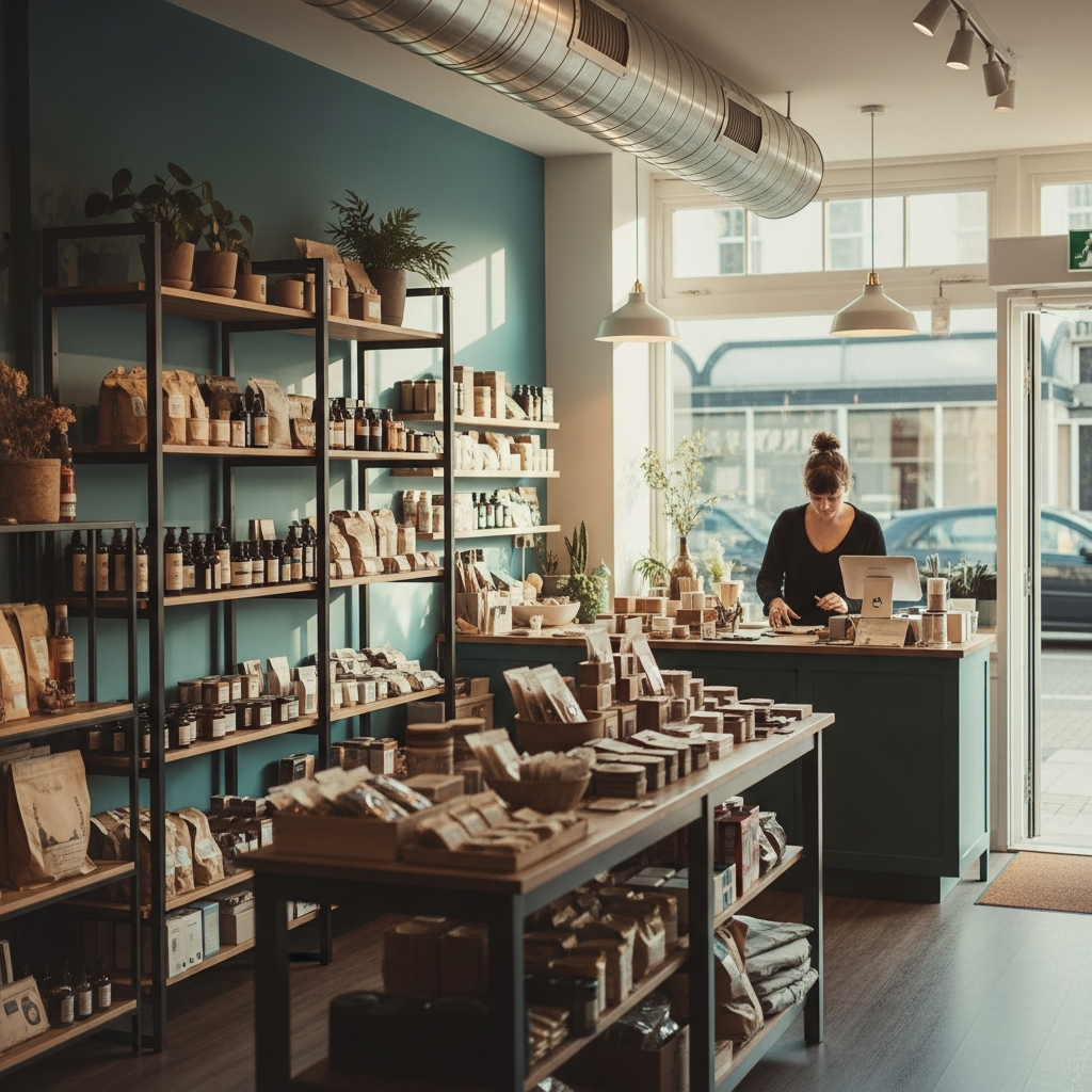 A shop owner arranging the counter inside a bright, daylit independent boutique.