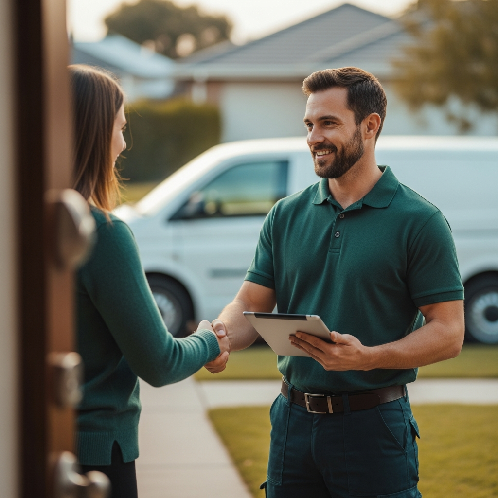 A home-service contractor with a tablet greeting a customer at their doorstep.